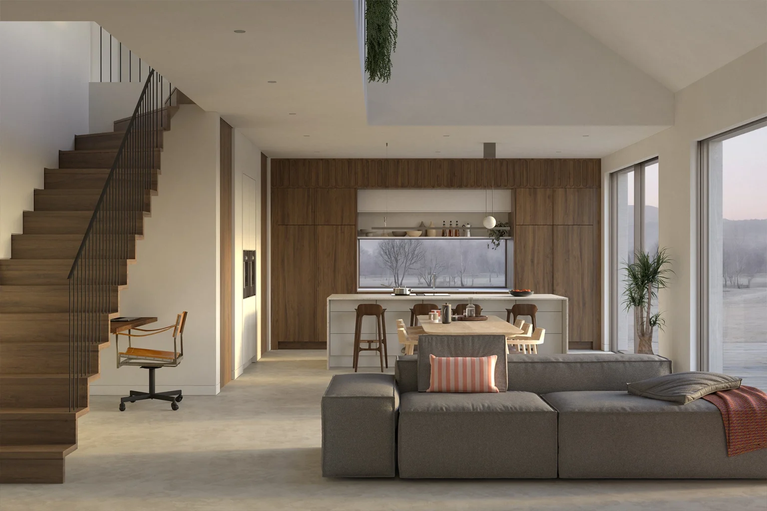 AGORA architecture + design — Double height open plan living space with self-supporting walnut stair, kitchen island and slim-framed glazed sliding doors